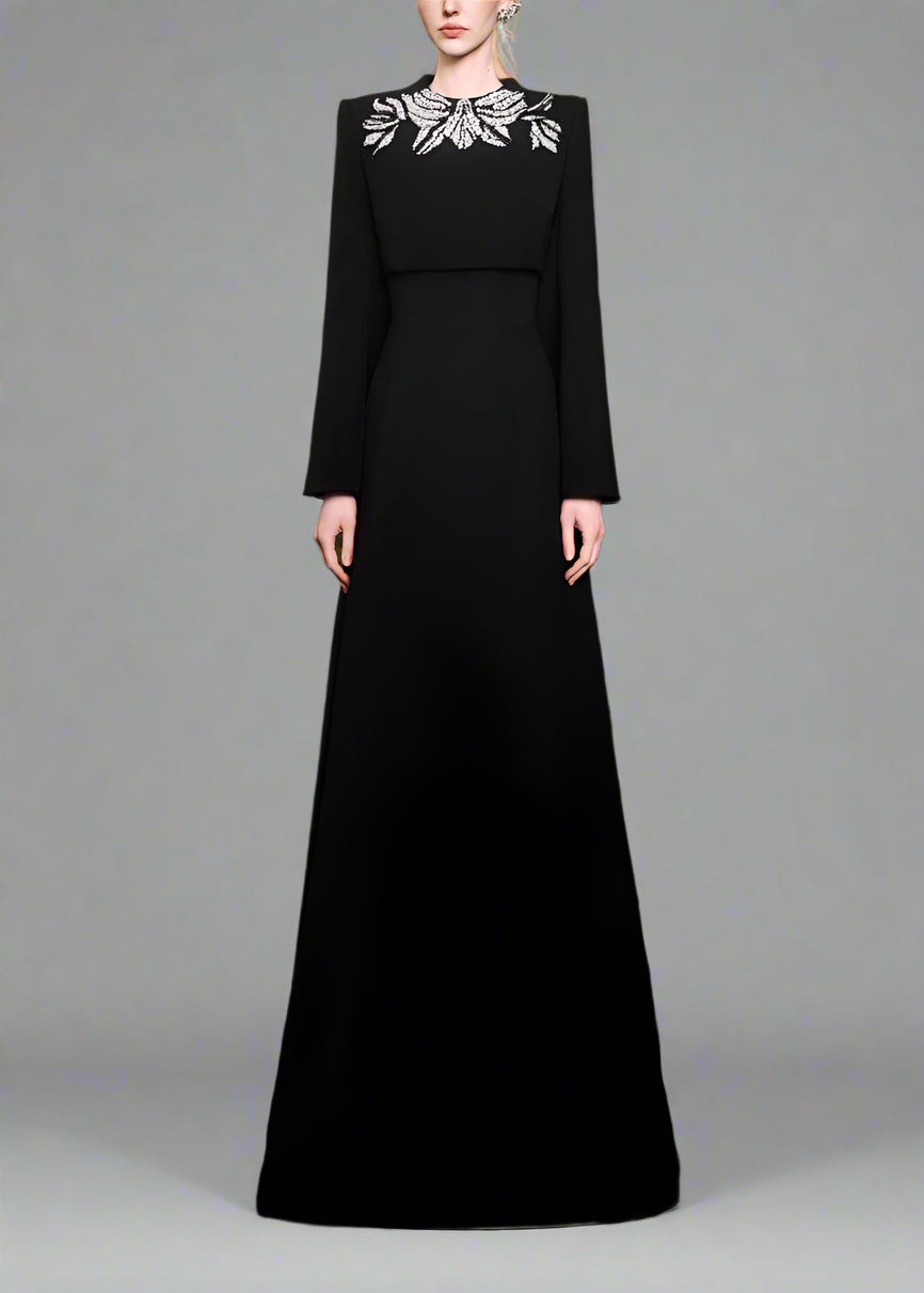 Vertical dress with long sleeves and decorated neck - elegance