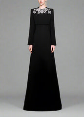 Vertical dress with long sleeves and decorated neck - elegance