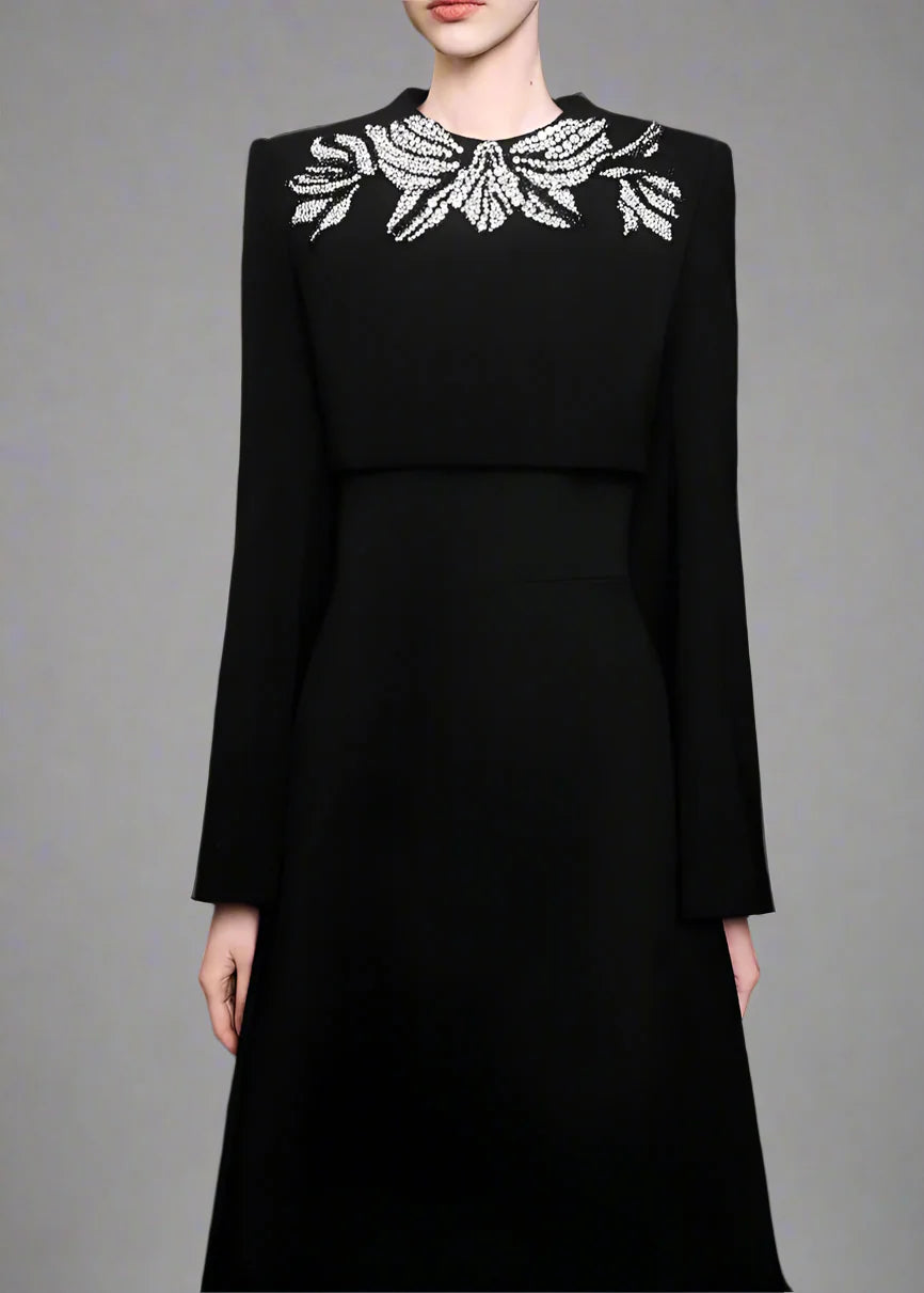Vertical dress with long sleeves and decorated neck - elegance