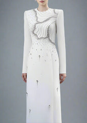 Long-Sleeve Column Dress with Embellished Floral Details - IVORY