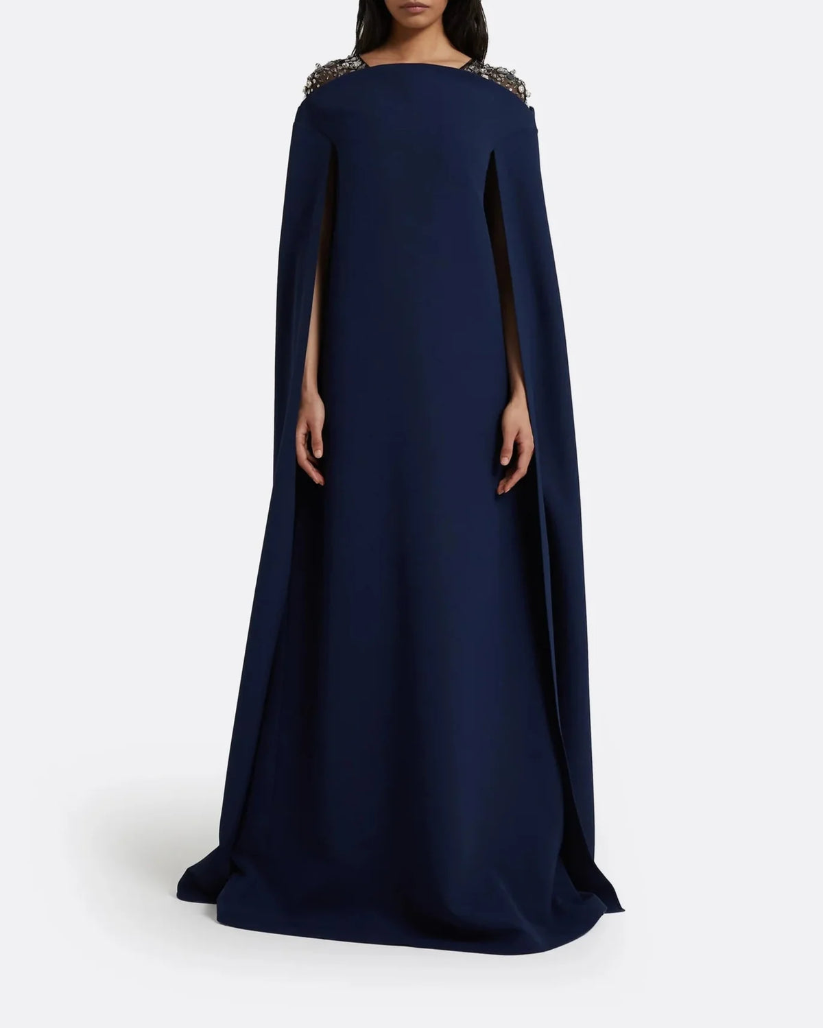 Sleeveless column dress with embellished shoulders and cape - Sophia