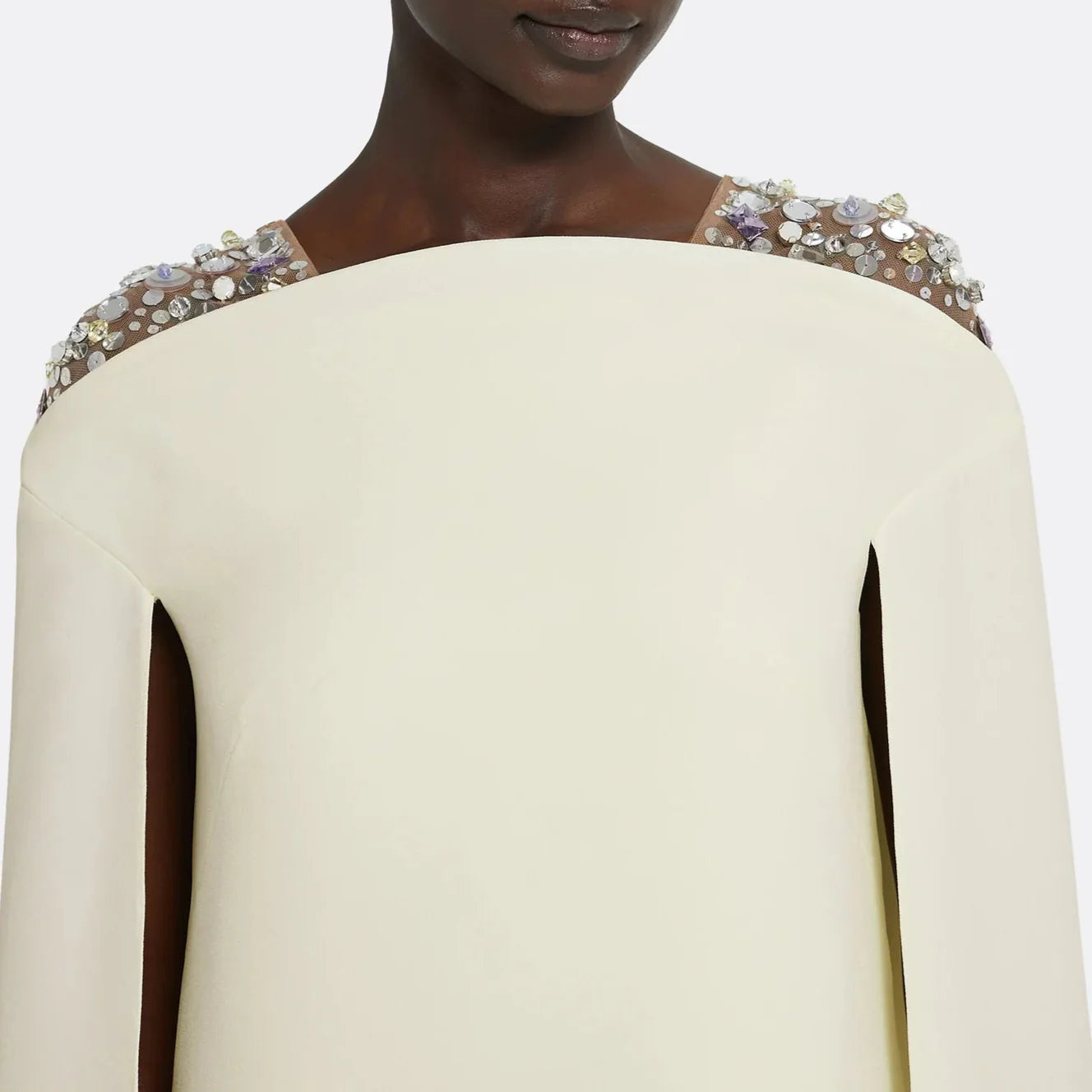 Sleeveless column dress with embellished shoulders and cape -Bethany