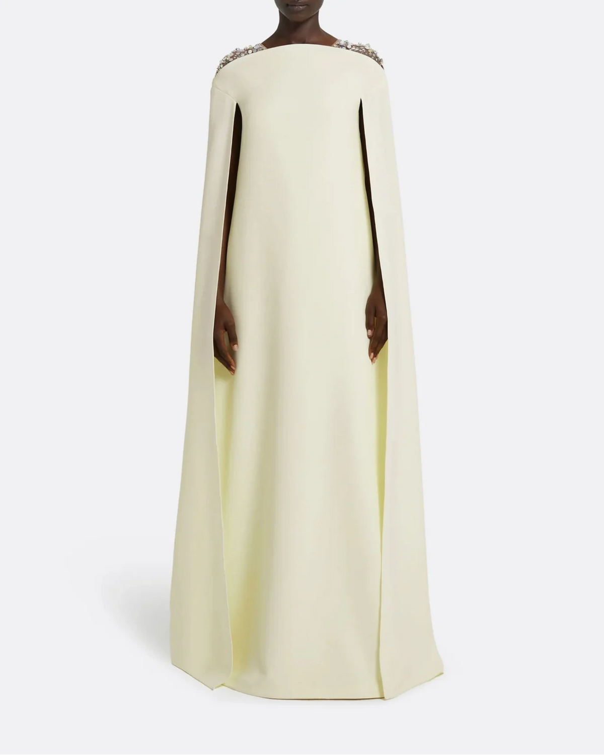 Sleeveless column dress with embellished shoulders and cape -Bethany