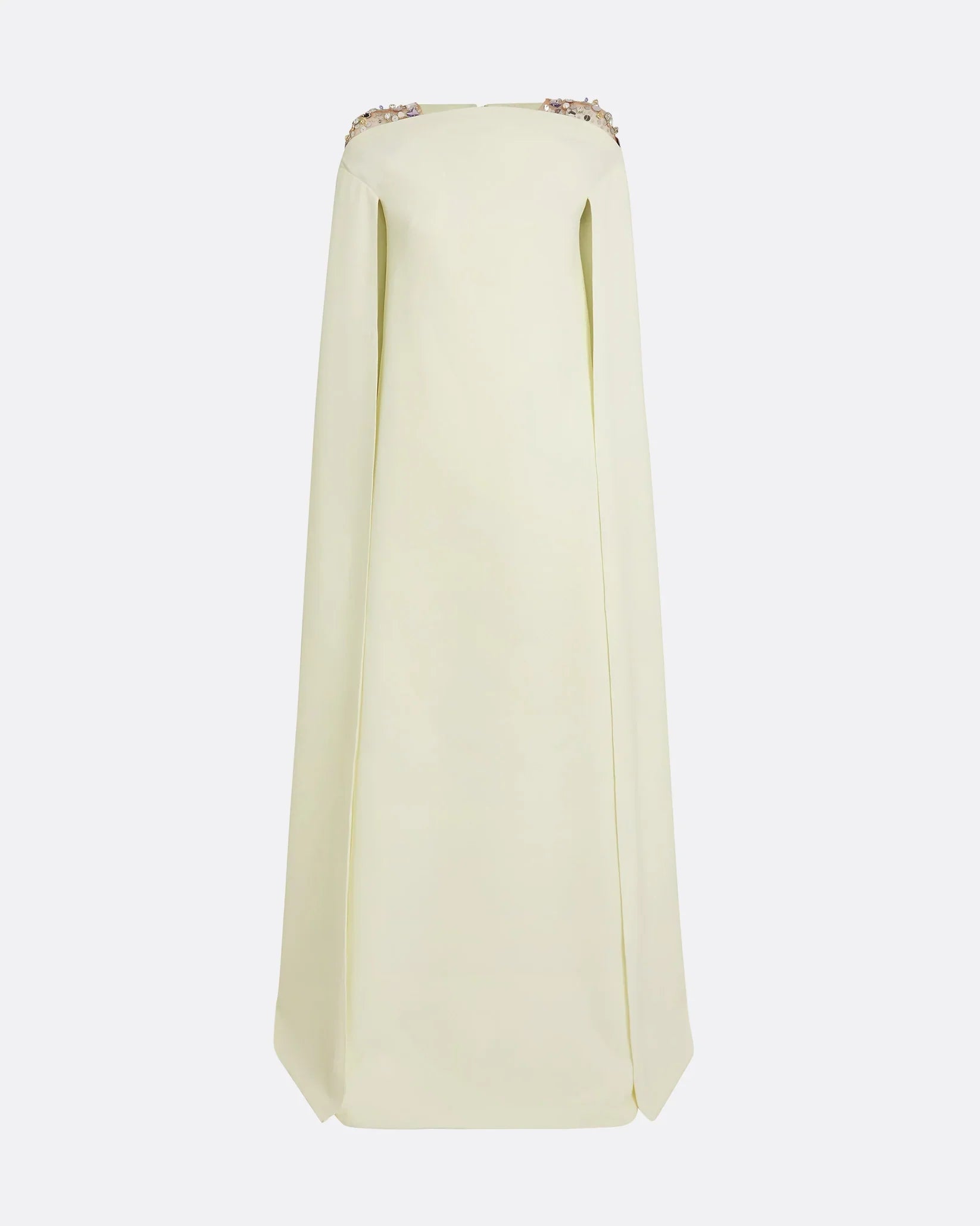 Sleeveless column dress with embellished shoulders and cape -Bethany