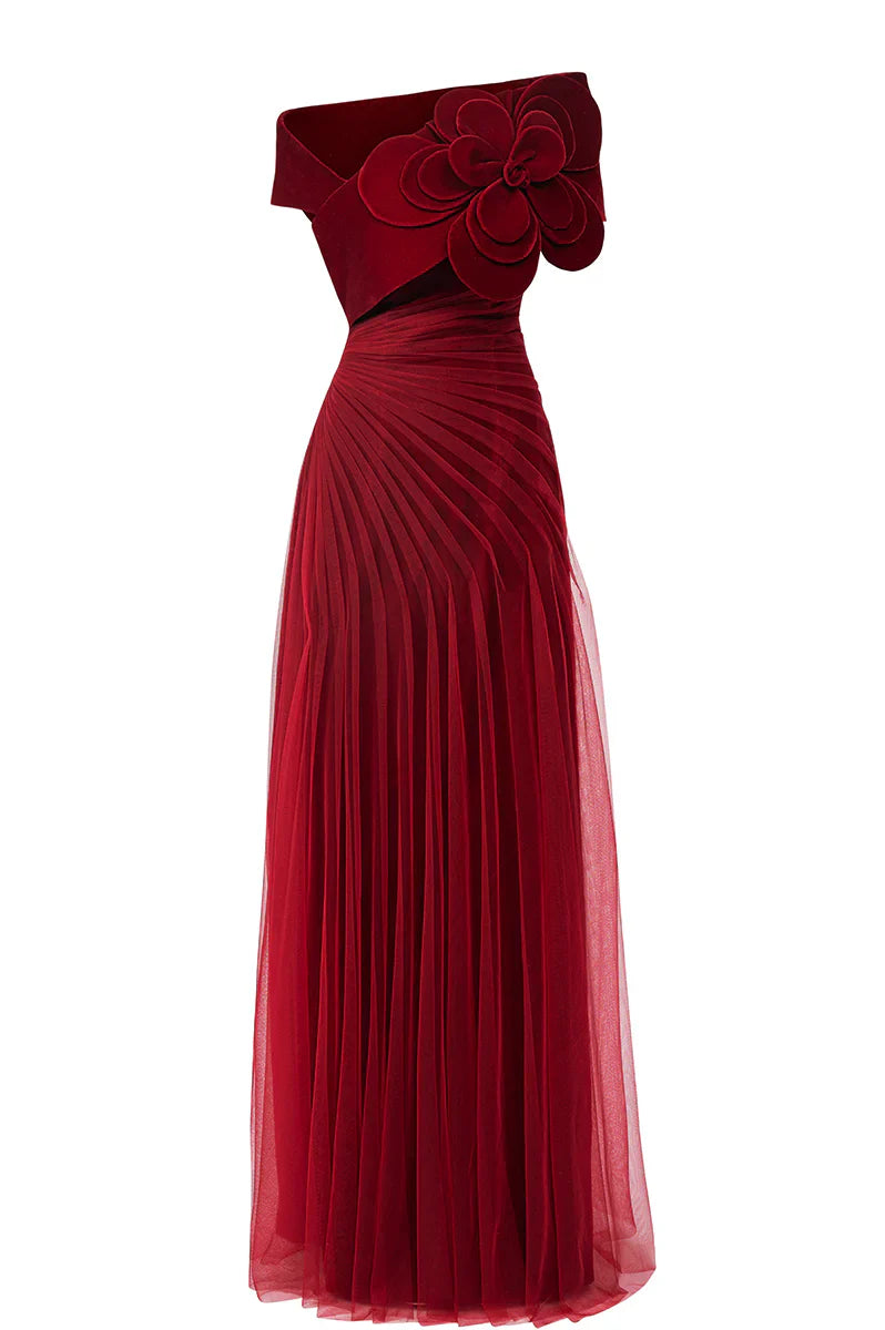 Off-shoulder pleated gown with oversized floral detail – SCARFAH