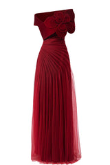 Off-shoulder pleated gown with oversized floral detail – SCARFAH
