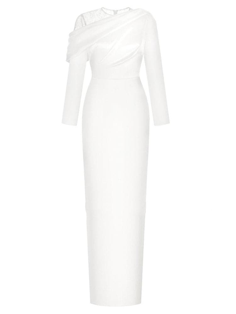 off-shoulder satin gown with lace neckline – Aaeehu