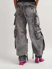 distressed cargo wide-leg jeans with multi pockets - Adana
