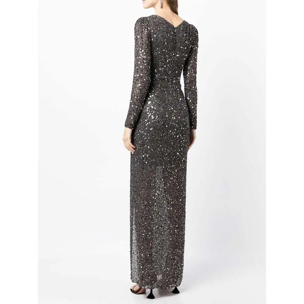 sequin wrap gown with thigh-high slit – Sumona