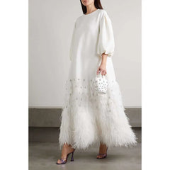 feather-trim embellished gown in ivory – Suzynne