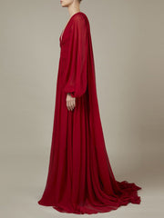 deep V-neck chiffon gown with bishop sleeves – Tessi