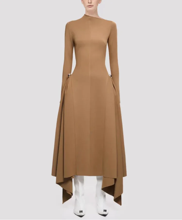 high-neck asymmetric hem midi dress – Rovnah