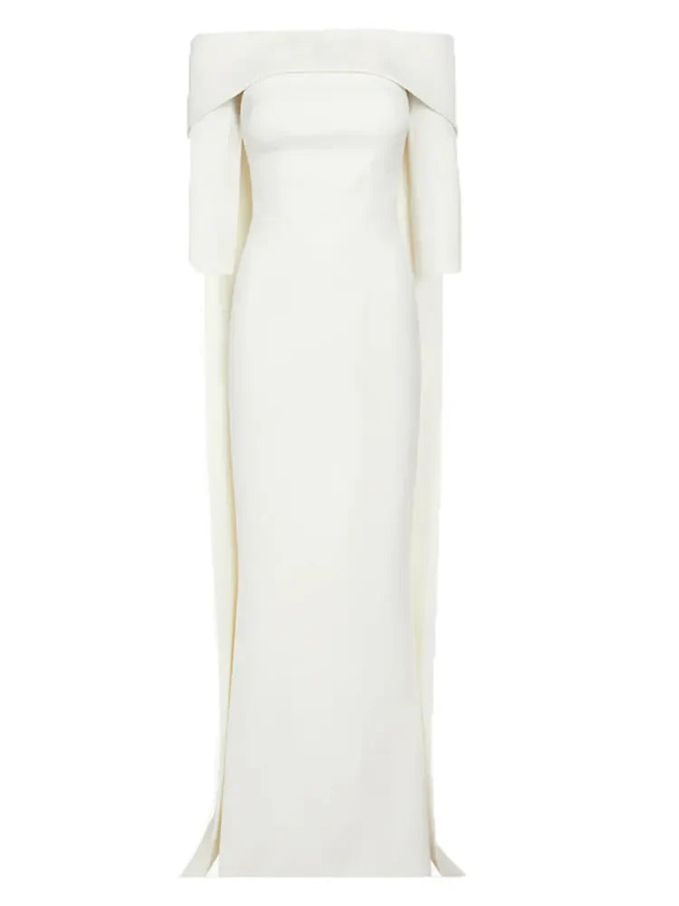 off-shoulder column gown with cape-back – Tessara