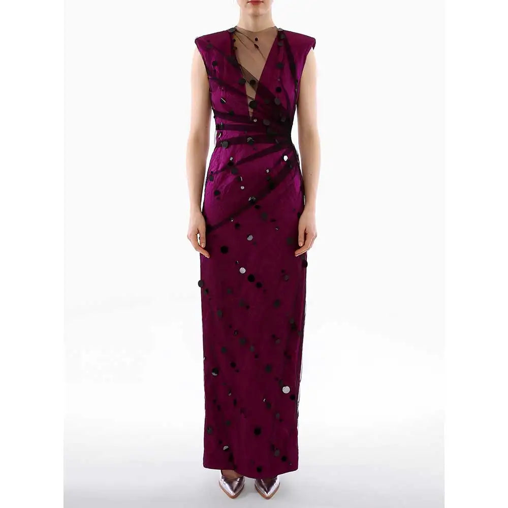 deep V-neck column gown with polka-dot appliqué – Sukhleen