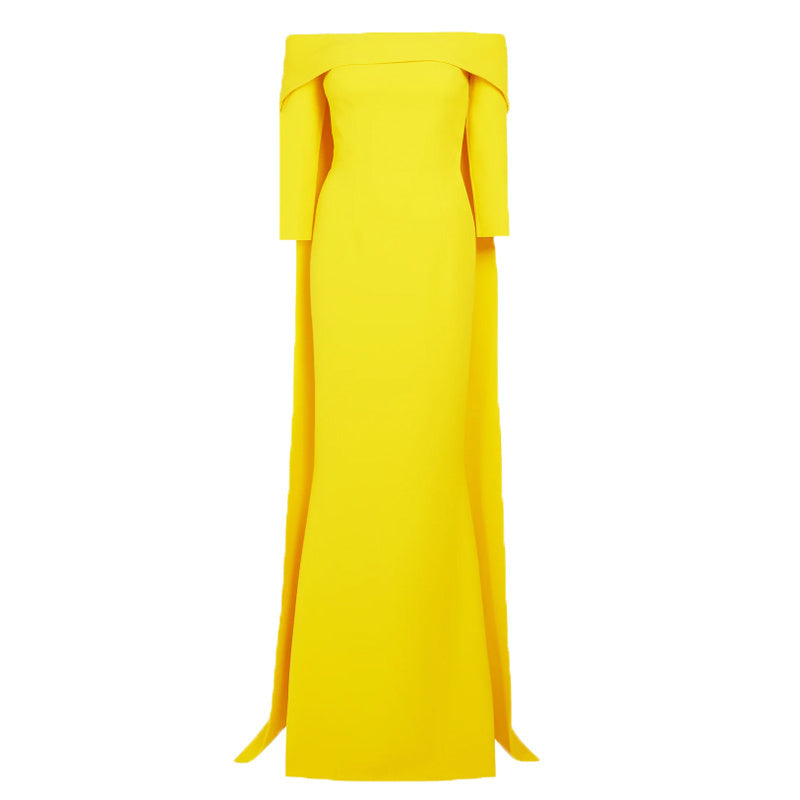 off-shoulder column gown with cape-back – Tessara