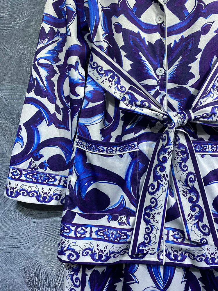 printed satin wide-leg suit with belted waist - Aevyrie