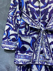 printed satin wide-leg suit with belted waist - Aevyrie
