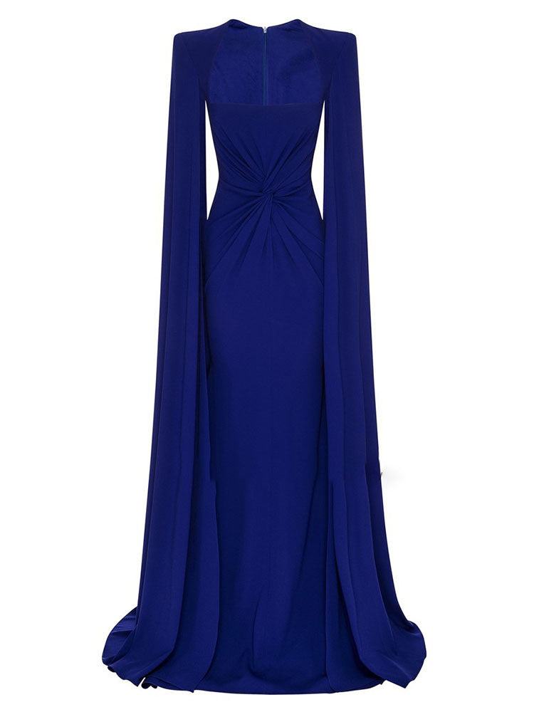 square-neck gown with ruched waist and floor-length cape – Thuraya