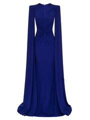 square-neck gown with ruched waist and floor-length cape – Thuraya