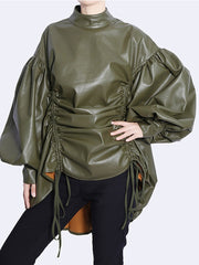 faux leather blouse with ruched sides and balloon sleeves - Addalyn