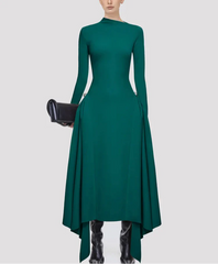high-neck asymmetric hem midi dress – Rovnah