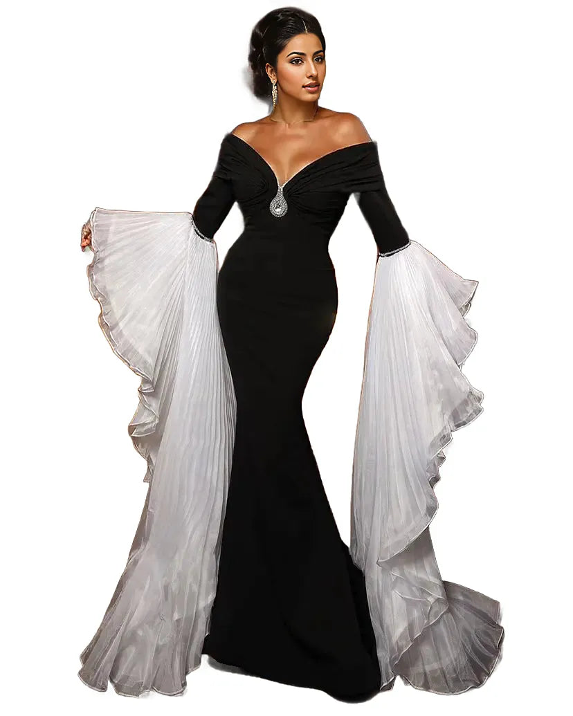 off-shoulder mermaid gown with dramatic pleated sleeves – Sherrey
