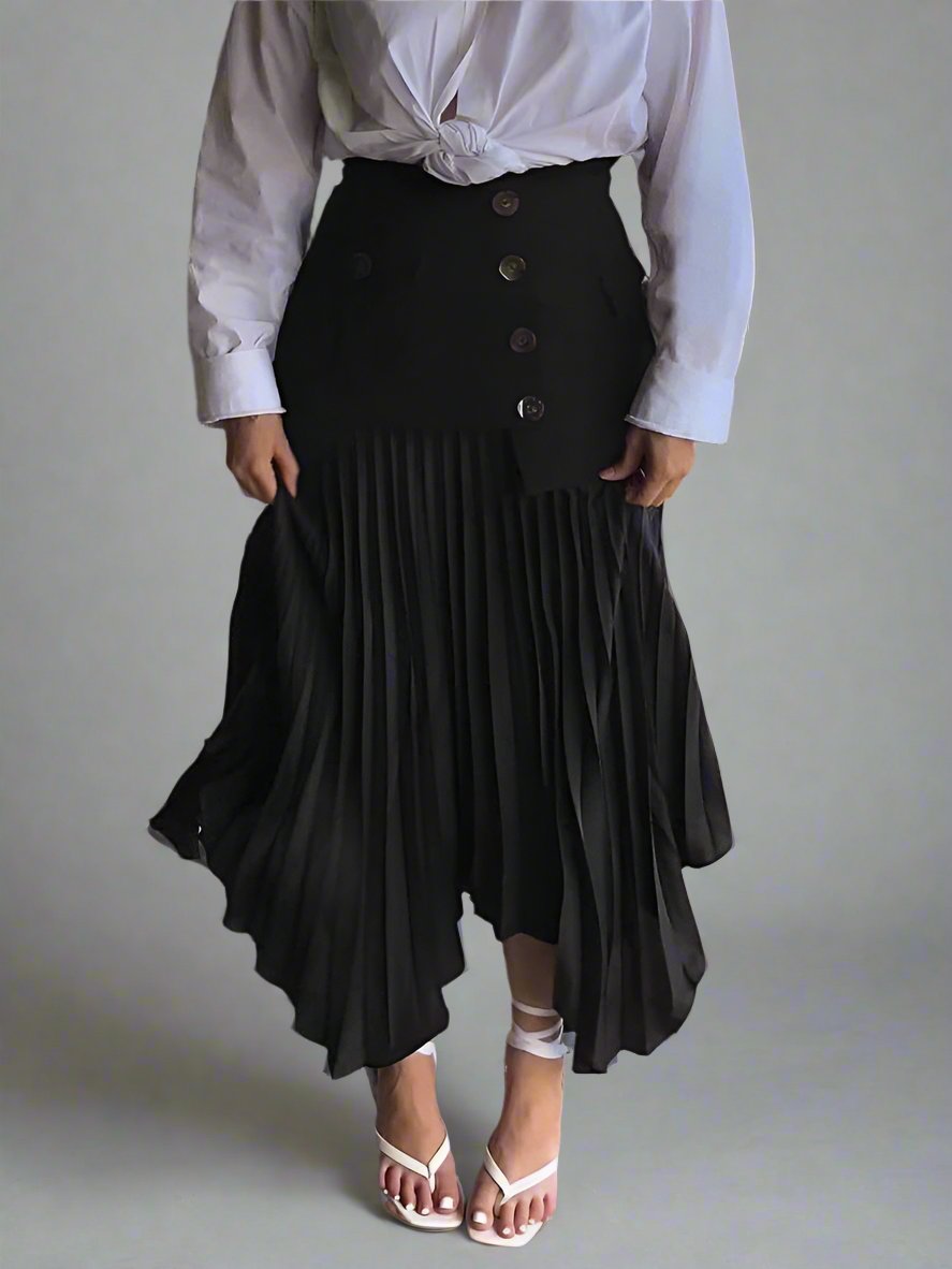 asymmetrical pleated midi skirt with pocket detail - Tibna