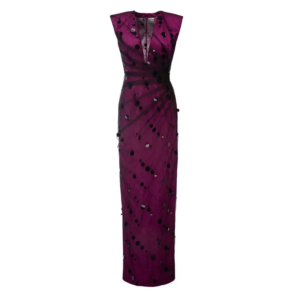 deep V-neck column gown with polka-dot appliqué – Sukhleen