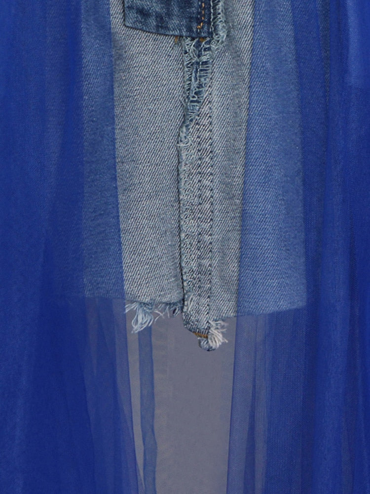 denim waistband tulle maxi skirt - Abrihm