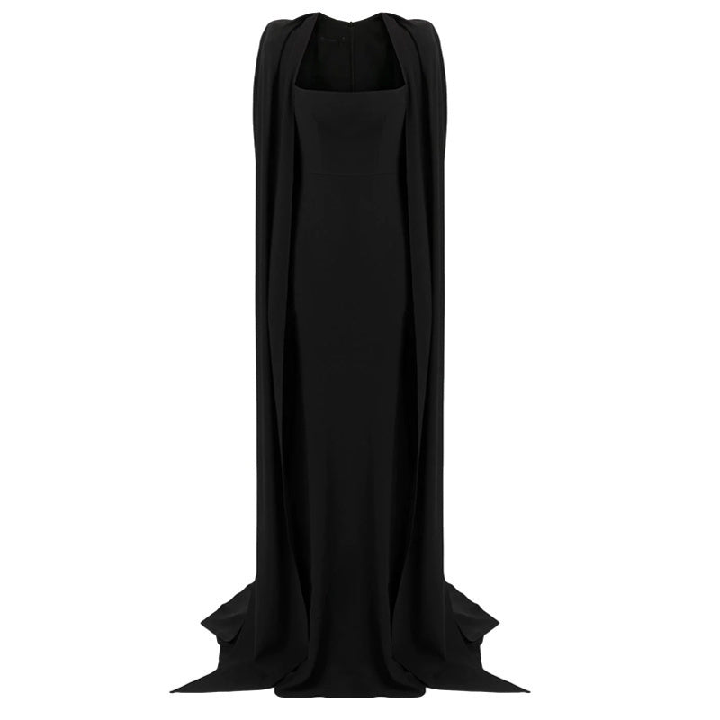 square-neck column gown with floor-length cape – Tiamat