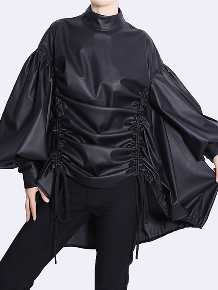faux leather blouse with ruched sides and balloon sleeves - Addalyn