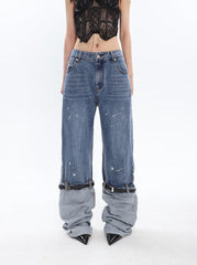 paint splatter wide-leg jeans with layered cuff detail - Aanada