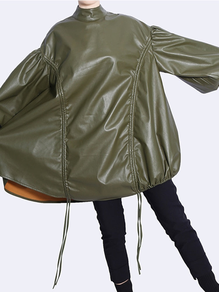 faux leather blouse with ruched sides and balloon sleeves - Addalyn