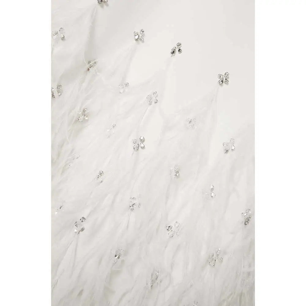 feather-trim embellished gown in ivory – Suzynne