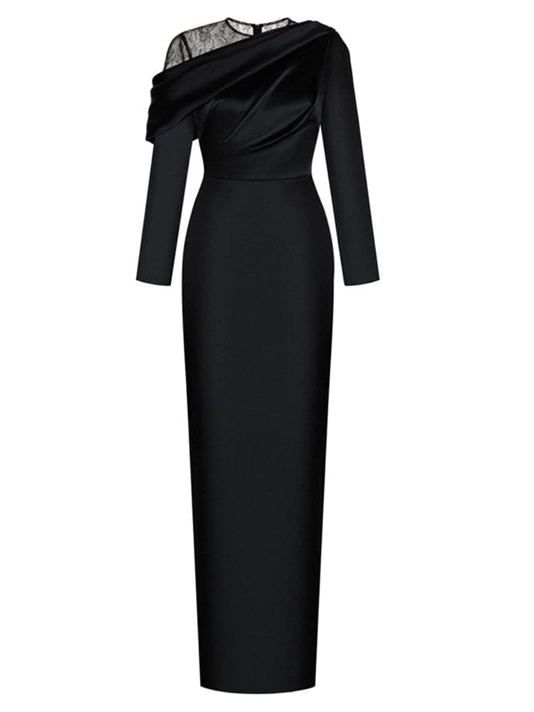 off-shoulder satin gown with lace neckline – Aaeehu