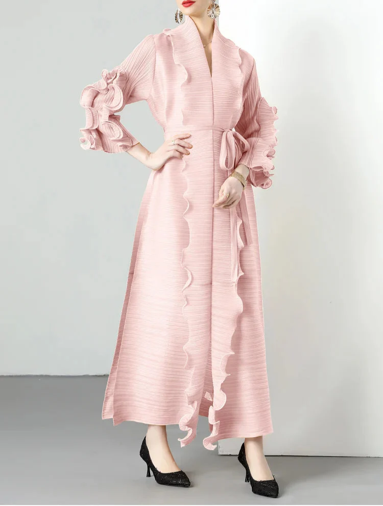 textured open-front dress with sculpted ruffle trim - LAYTA