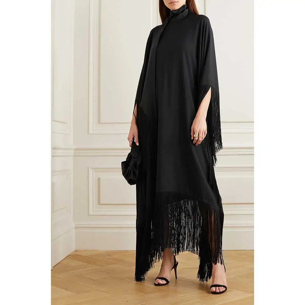 fringed kaftan gown with tie-neck – Sushali