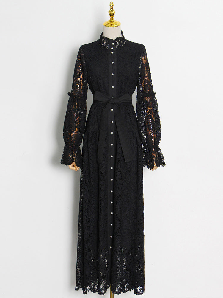 button-down lace maxi dress with belt – Aellfleda