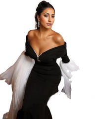 off-shoulder mermaid gown with dramatic pleated sleeves – Sherrey