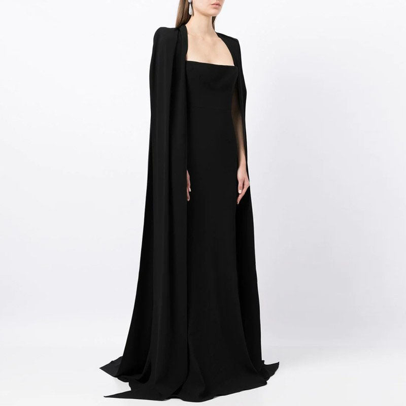 square-neck column gown with floor-length cape – Tiamat
