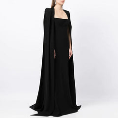 square-neck column gown with floor-length cape – Tiamat