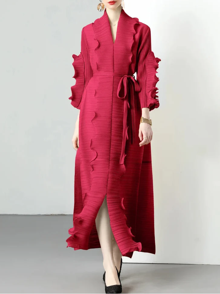 textured open-front dress with sculpted ruffle trim - LAYTA