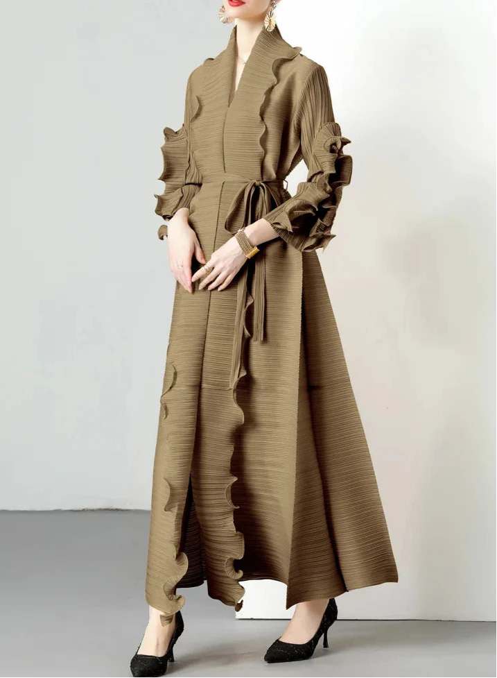 textured open-front dress with sculpted ruffle trim - LAYTA