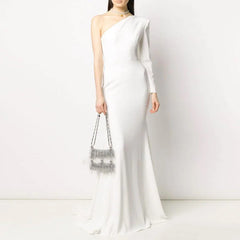 one-shoulder column gown with floor-length sleeve – Catey