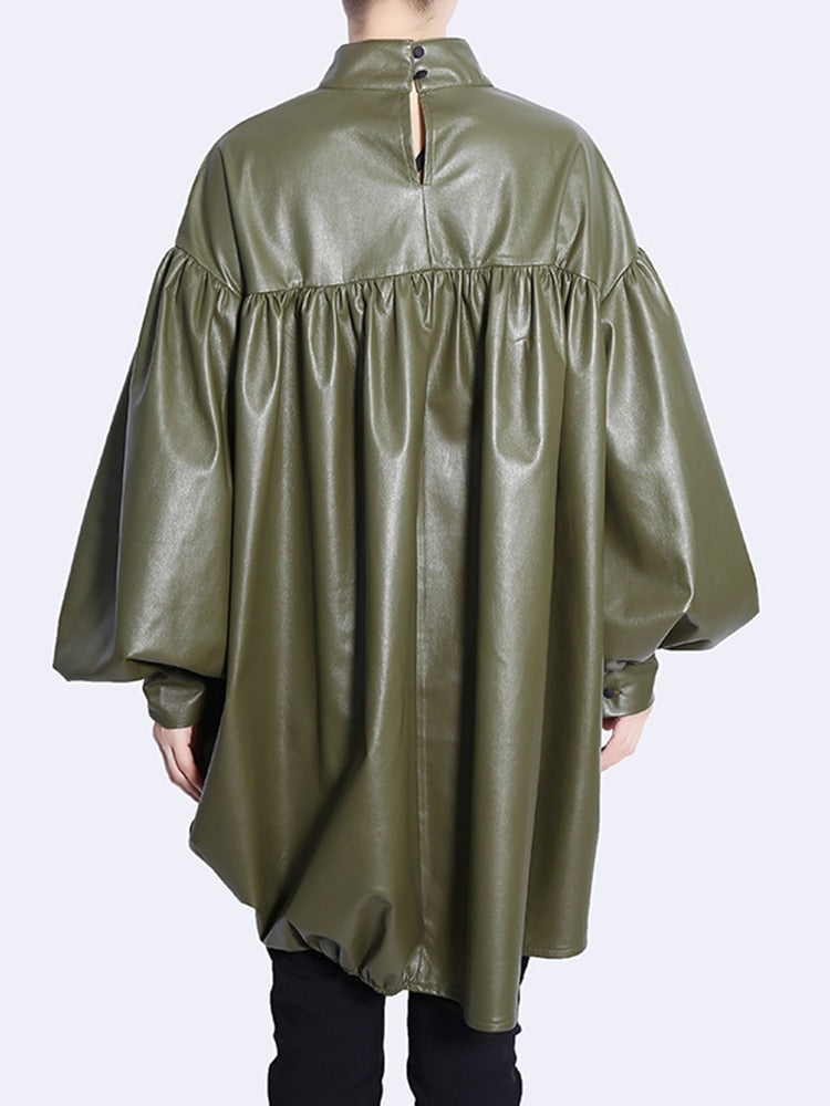 faux leather blouse with ruched sides and balloon sleeves - Addalyn