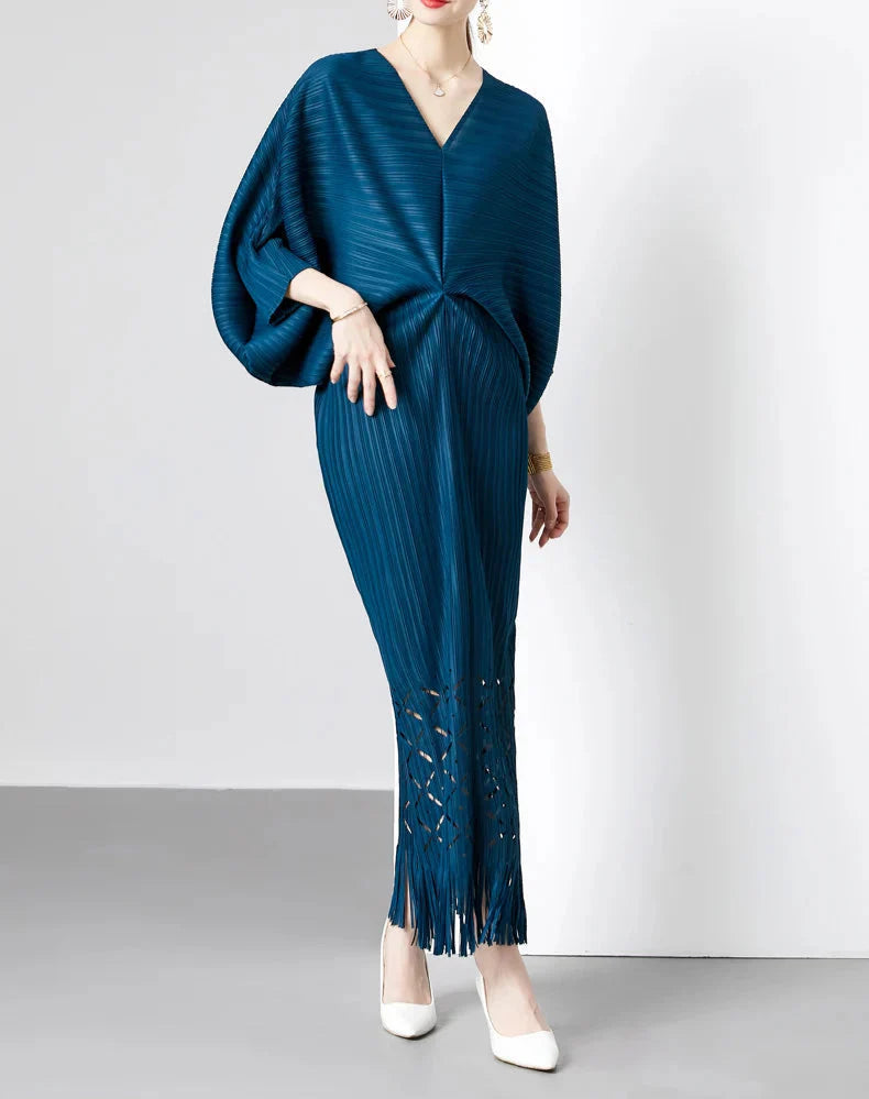 pleated batwing midi dress with fringe hem - SORALA