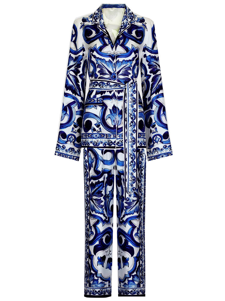 printed satin wide-leg suit with belted waist - Aevyrie