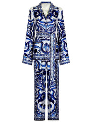 printed satin wide-leg suit with belted waist - Aevyrie