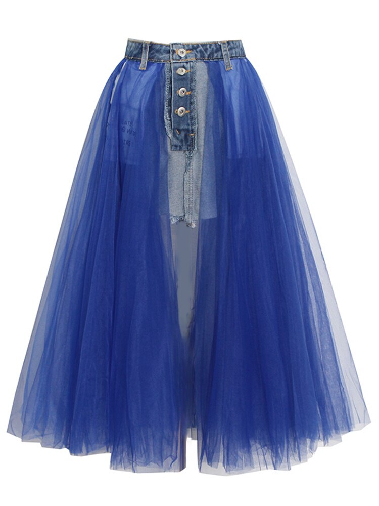 denim waistband tulle maxi skirt - Abrihm
