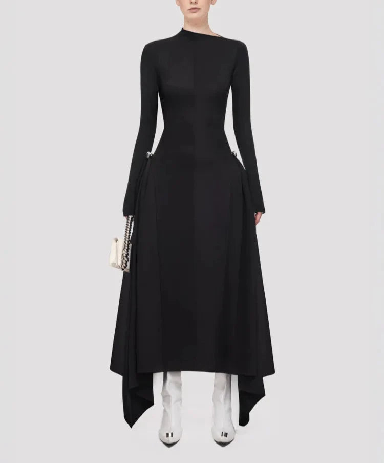 high-neck asymmetric hem midi dress – Rovnah